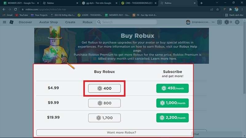 Nạp tiền Roblox bằng thẻ ghi nợ