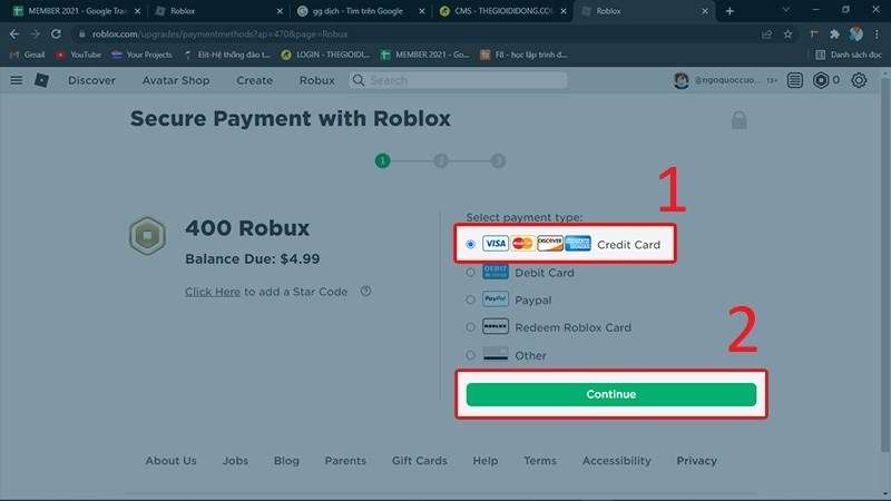 Nạp tiền Roblox bằng thẻ ghi nợ