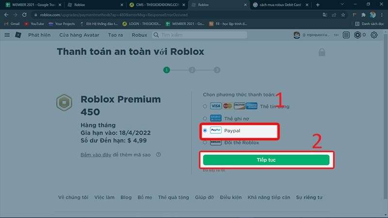 Gửi tiền Robux qua Paypal