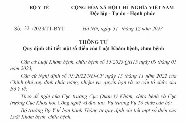 Thông tư 32/2023/TT-BYT hướng dẫn Luật khám bệnh, chữa bệnh năm 2023 đã có hiệu lực.