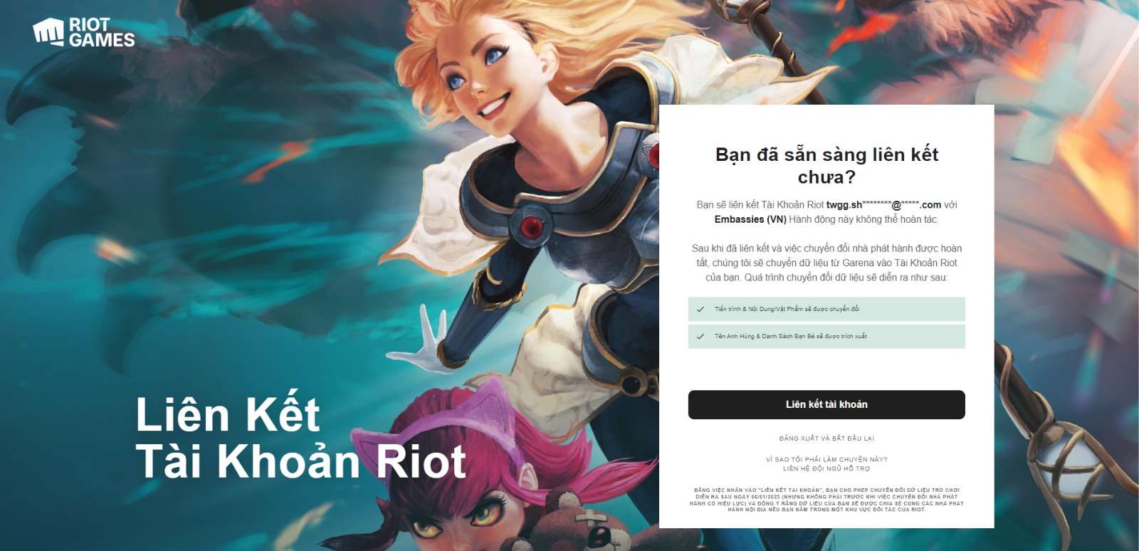 Liên kết tài khoản Liên Minh Huyền Thoại của bạn từ Garena với Riot Games