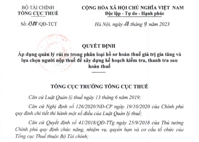 Đã ban hành Quyết định 1388/QĐ-TCT về quản lý rủi ro trong phân loại hồ sơ hoàn thuế GTGT.