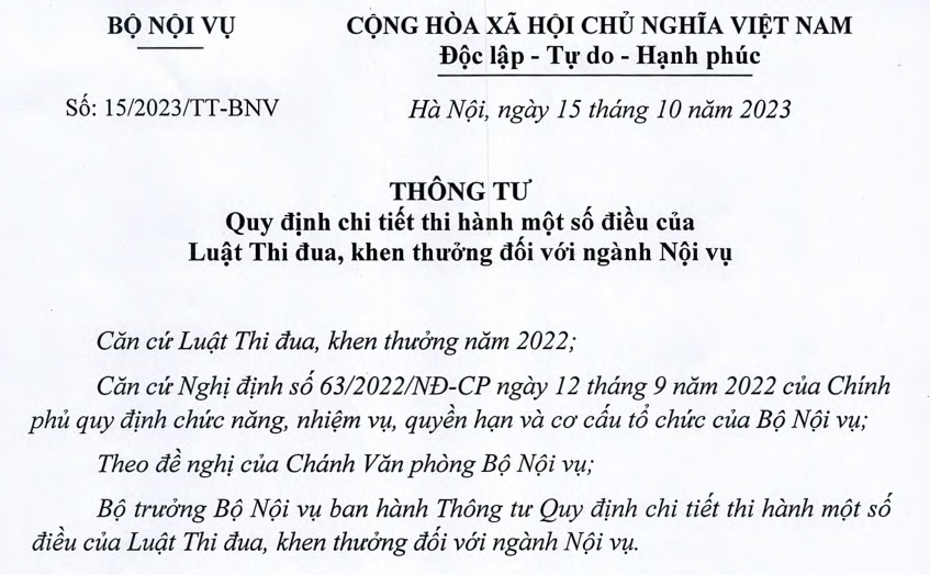 Đã có Thông tư 15/2023/TT-BNV hướng dẫn Luật Thi đua khen thưởng 2022 của ngành Nội vụ